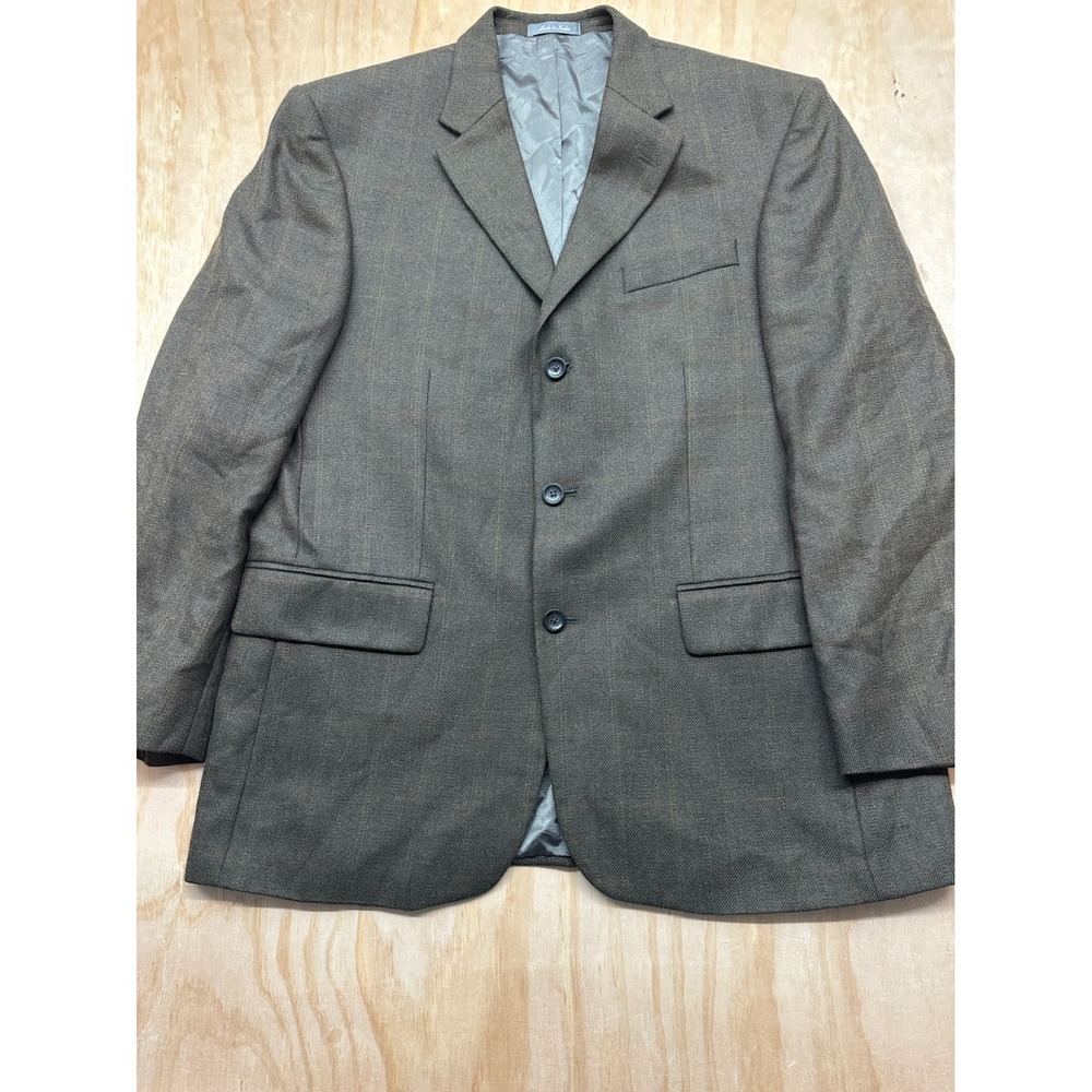 Oscar de la Renta Mens 44R Lambswool Blazer Brown Windowpane Sport Coat 3 Button